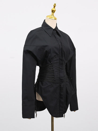 Blouse For Women Black Turndown Collar Chic Buttons Lace Up Long Sleeves Tops