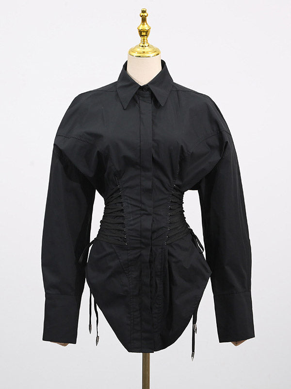 Blouse For Women Black Turndown Collar Chic Buttons Lace Up Long Sleeves Tops