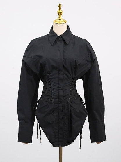 Blouse For Women Black Turndown Collar Chic Buttons Lace Up Long Sleeves Tops