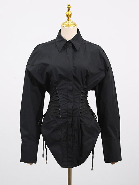 Blouse For Women Black Turndown Collar Chic Buttons Lace Up Long Sleeves Tops