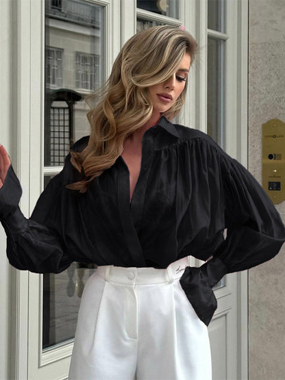 Shirt For Women Brown Turndown Collar Clothes Casual Pleated Buttons Long Sleeves Tops