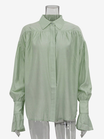 Shirt For Women Brown Turndown Collar Clothes Casual Pleated Buttons Long Sleeves Tops