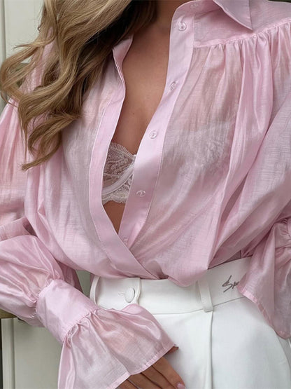 Shirt For Women Brown Turndown Collar Clothes Casual Pleated Buttons Long Sleeves Tops