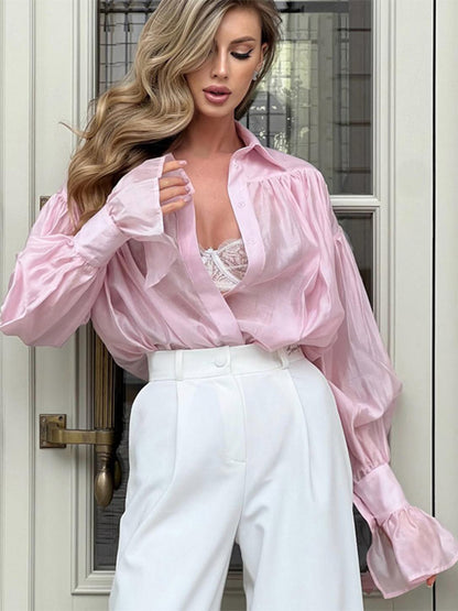 Shirt For Women Brown Turndown Collar Clothes Casual Pleated Buttons Long Sleeves Tops