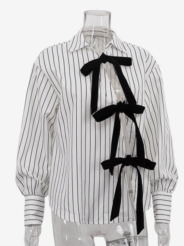 Blouse For Women White Turndown Collar Clothes Casual Bows Long Sleeves Tops