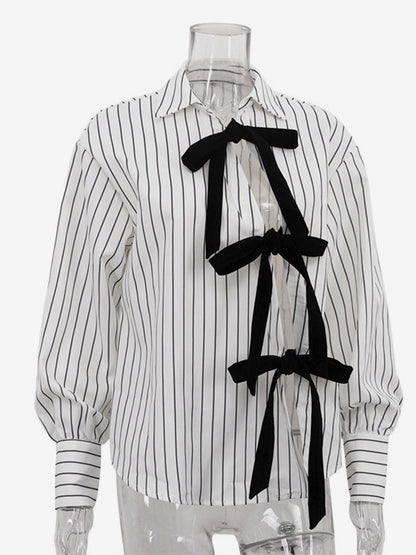 Blouse For Women White Turndown Collar Clothes Casual Bows Long Sleeves Tops