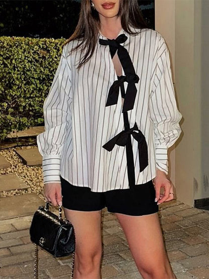 Blouse For Women White Turndown Collar Clothes Casual Bows Long Sleeves Tops