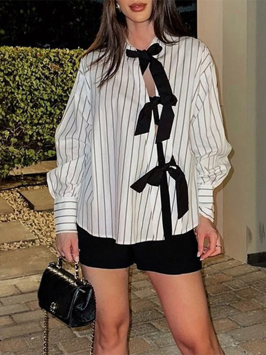 Blouse For Women White Turndown Collar Clothes Casual Bows Long Sleeves Tops