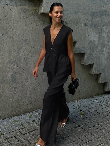 Two Piece Sets Black Daily Casual Cotton V-Neck Sleeveless Casual Pant Set