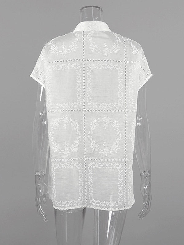 Shirt For Women White Lace Up Stand Collar Casual 3/4 Length Sleeves Tops
