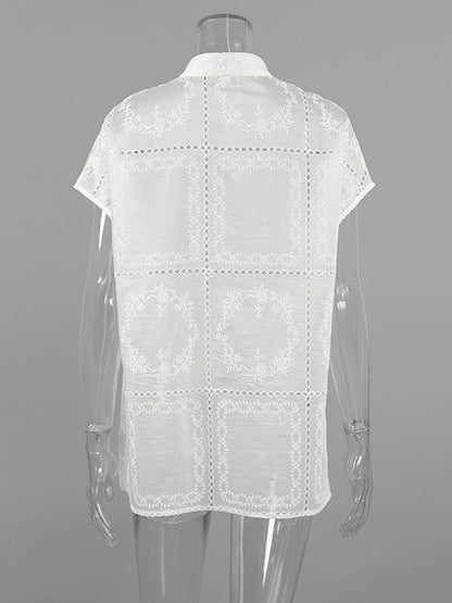 Shirt For Women White Lace Up Stand Collar Casual 3/4 Length Sleeves Tops