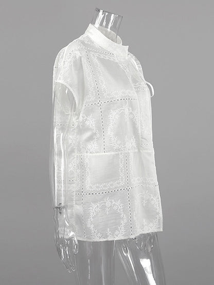 Shirt For Women White Lace Up Stand Collar Casual 3/4 Length Sleeves Tops