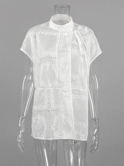 Shirt For Women White Lace Up Stand Collar Casual 3/4 Length Sleeves Tops