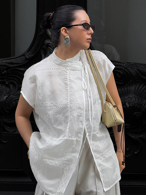 Shirt For Women White Lace Up Stand Collar Casual 3/4 Length Sleeves Tops