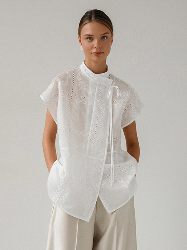 Shirt For Women White Lace Up Stand Collar Casual 3/4 Length Sleeves Tops