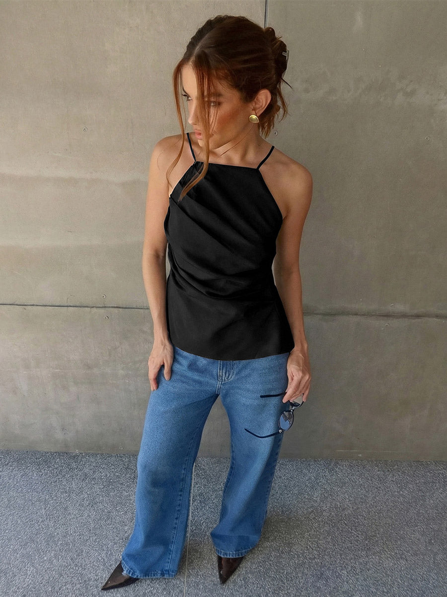 Pink Cami Top Straps Neck Pleated Backless Chic Women Camis