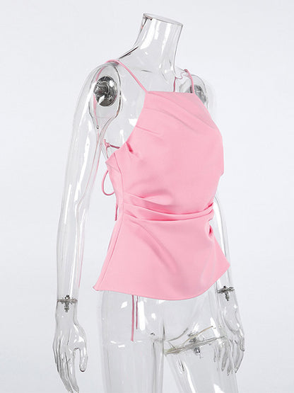 Pink Cami Top Straps Neck Pleated Backless Chic Women Camis
