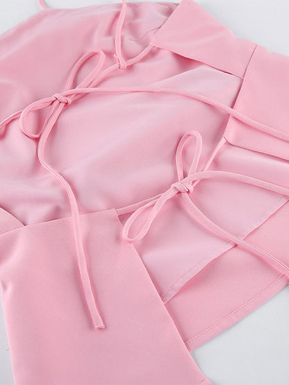 Pink Cami Top Straps Neck Pleated Backless Chic Women Camis
