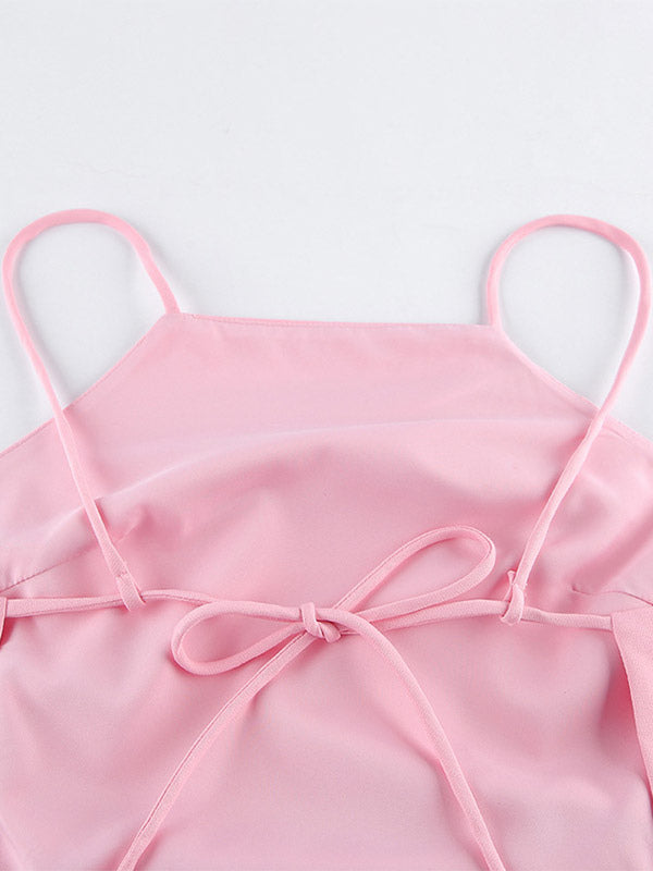 Pink Cami Top Straps Neck Pleated Backless Chic Women Camis