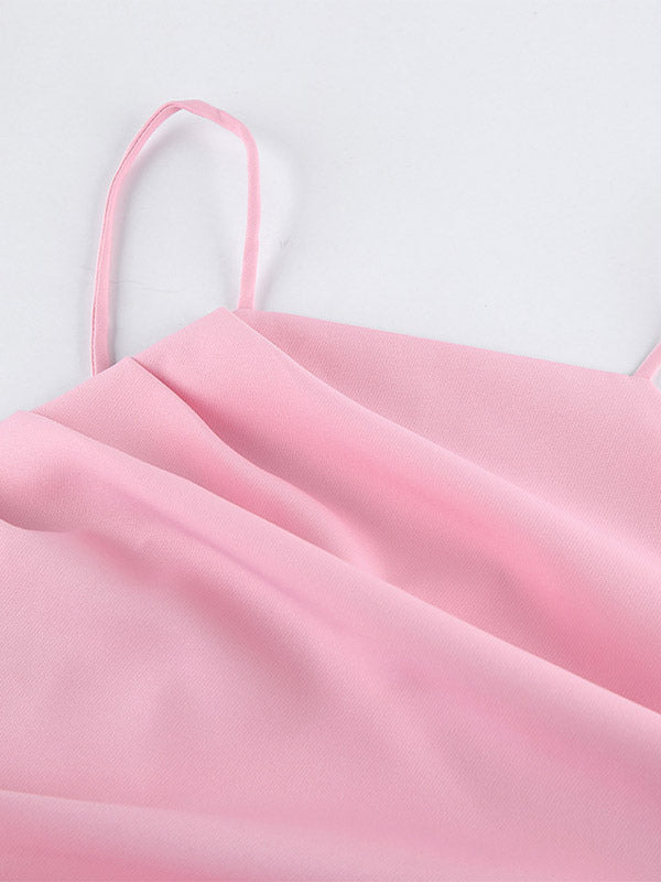 Pink Cami Top Straps Neck Pleated Backless Chic Women Camis