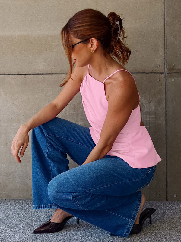 Pink Cami Top Straps Neck Pleated Backless Chic Women Camis