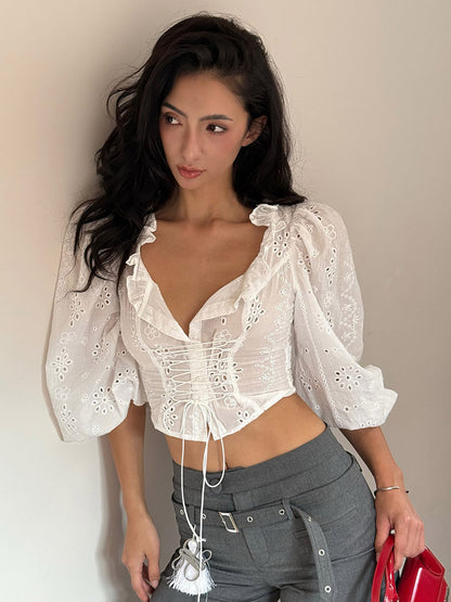 Blouse For Women White Lace Up V-Neck Chic Half Sleeves Cotton Tops