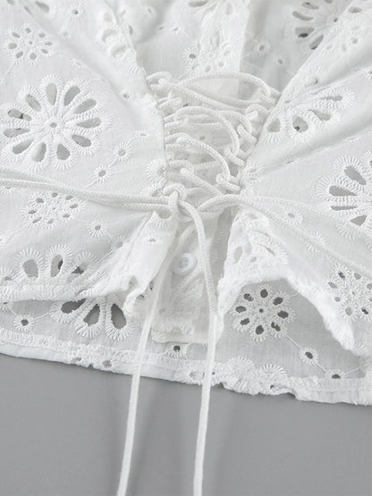 Blouse For Women White Lace Up V-Neck Chic Half Sleeves Cotton Tops