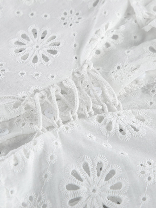 Blouse For Women White Lace Up V-Neck Chic Half Sleeves Cotton Tops