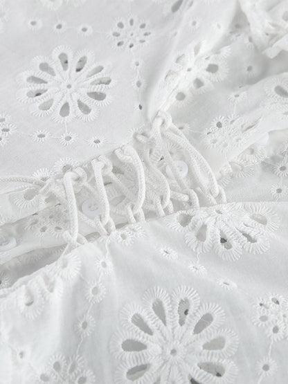 Blouse For Women White Lace Up V-Neck Chic Half Sleeves Cotton Tops