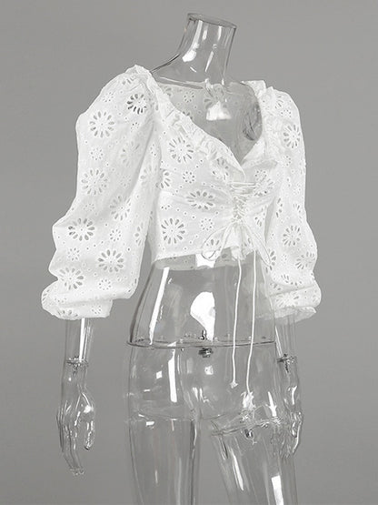 Blouse For Women White Lace Up V-Neck Chic Half Sleeves Cotton Tops