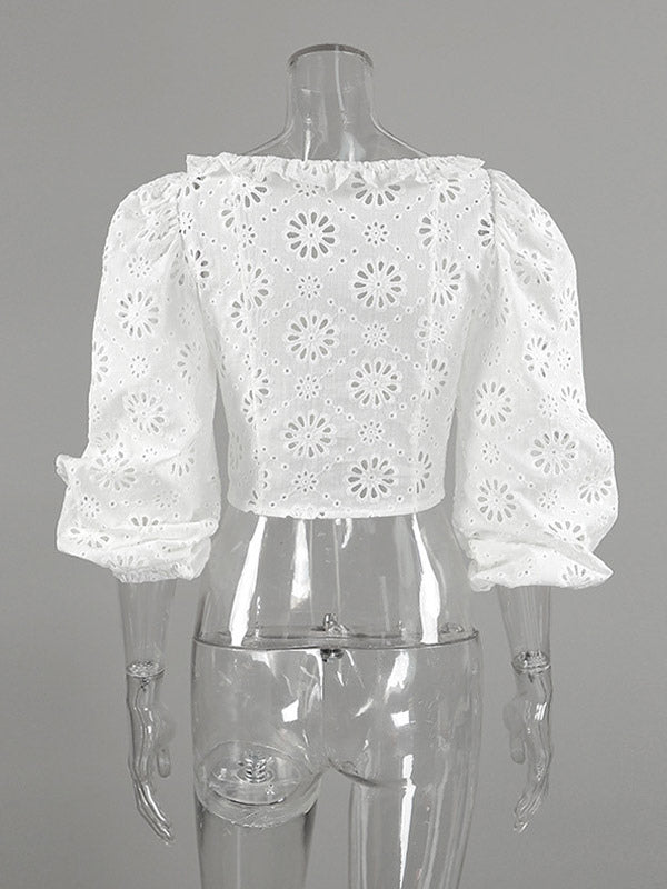 Blouse For Women White Lace Up V-Neck Chic Half Sleeves Cotton Tops