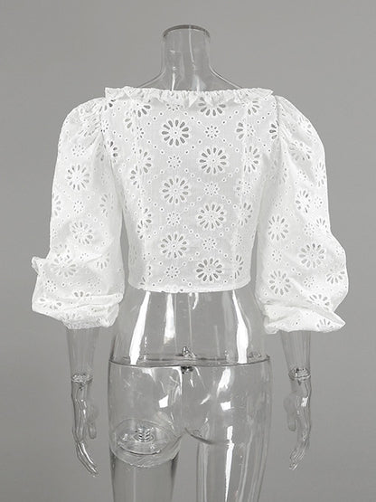 Blouse For Women White Lace Up V-Neck Chic Half Sleeves Cotton Tops