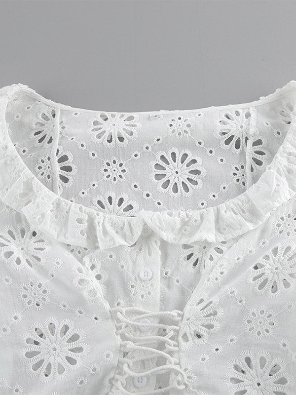 Blouse For Women White Lace Up V-Neck Chic Half Sleeves Cotton Tops