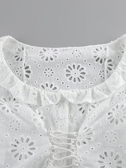 Blouse For Women White Lace Up V-Neck Chic Half Sleeves Cotton Tops