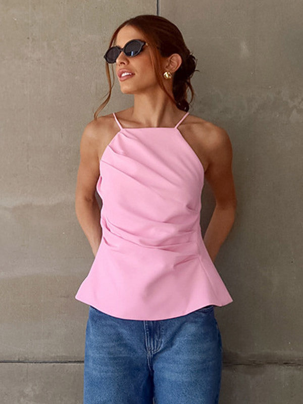 Pink Cami Top Straps Neck Pleated Backless Chic Women Camis