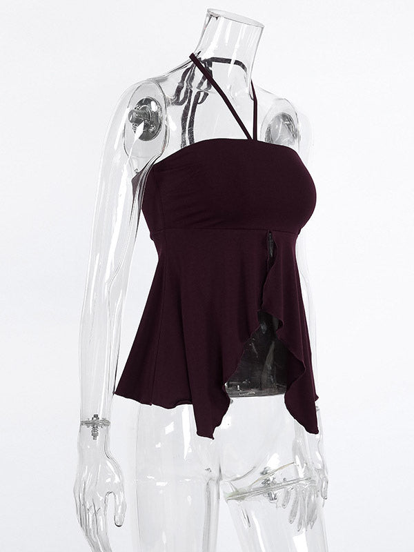 Brown Cami Top Halter Ruffles Lycra Spandex Backless Chic Camis For Women