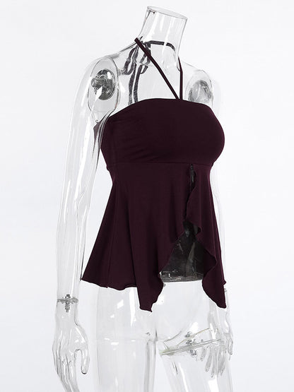 Brown Cami Top Halter Ruffles Lycra Spandex Backless Chic Camis For Women