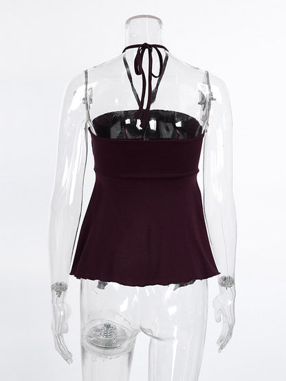 Brown Cami Top Halter Ruffles Lycra Spandex Backless Chic Camis For Women
