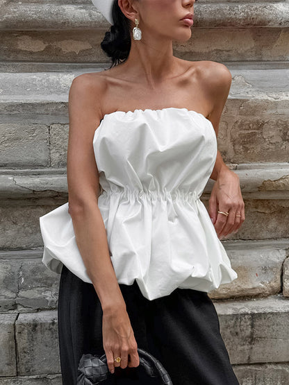 Pink Cami Top Strapless Pleated Sexy Backless Cotton Women Camis