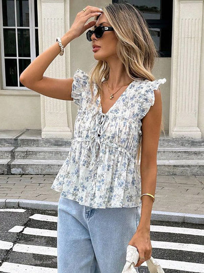 Shirt For Women Blue V-Neck Casual Lace Up Sleeveless Tops