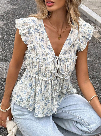 Shirt For Women Blue V-Neck Casual Lace Up Sleeveless Tops