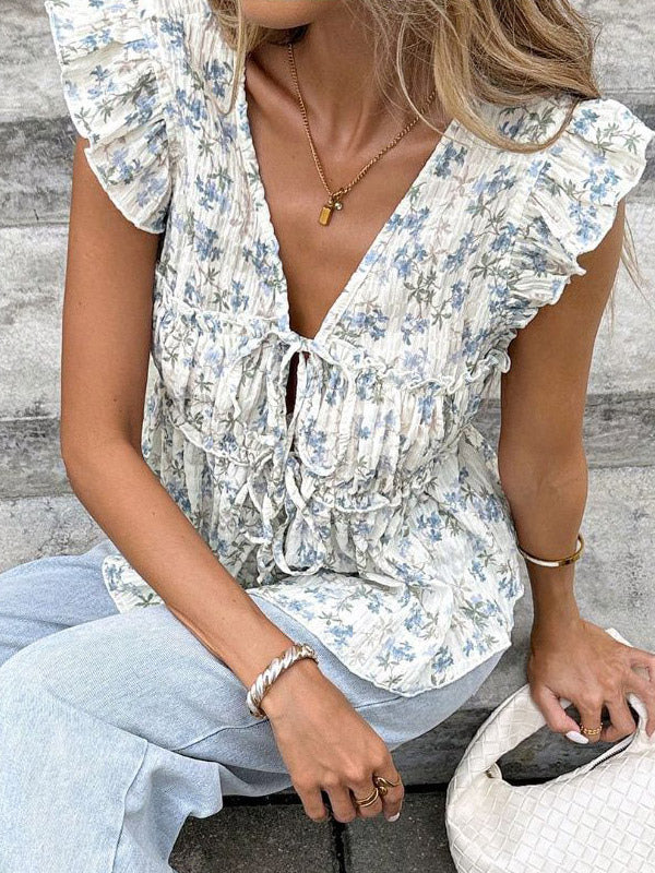 Shirt For Women Blue V-Neck Casual Lace Up Sleeveless Tops