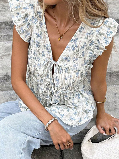Shirt For Women Blue V-Neck Casual Lace Up Sleeveless Tops