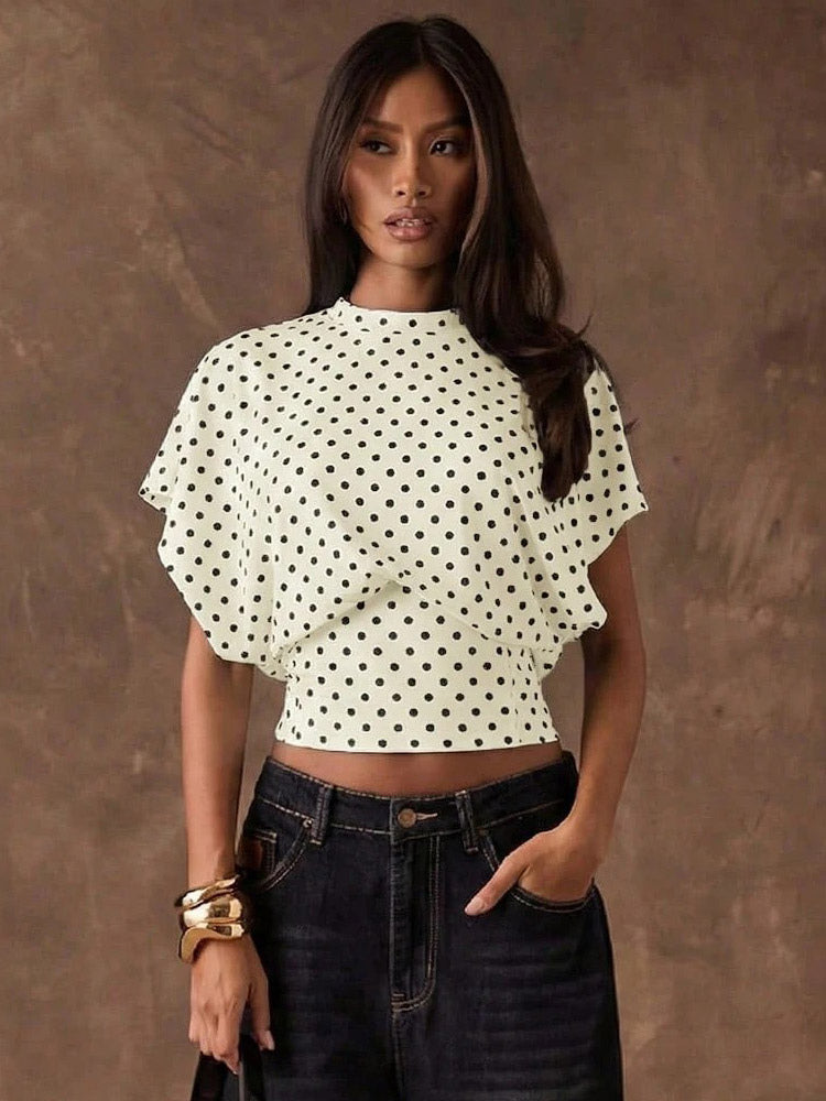 Tees 3/4 Length Sleeves Pink Polka Dot Jewel Neck Tee Shirt For Women