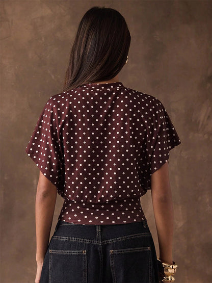 Tees 3/4 Length Sleeves Pink Polka Dot Jewel Neck Tee Shirt For Women