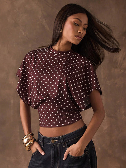 Tees 3/4 Length Sleeves Pink Polka Dot Jewel Neck Tee Shirt For Women