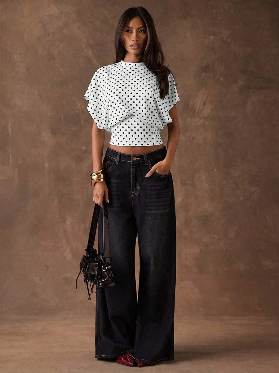 Tees 3/4 Length Sleeves Pink Polka Dot Jewel Neck Tee Shirt For Women
