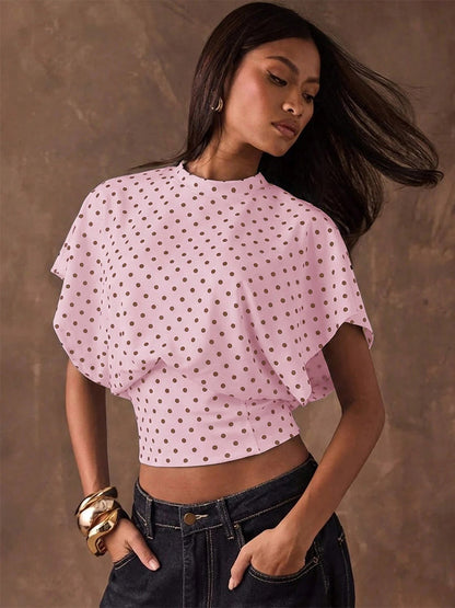 Tees 3/4 Length Sleeves Pink Polka Dot Jewel Neck Tee Shirt For Women