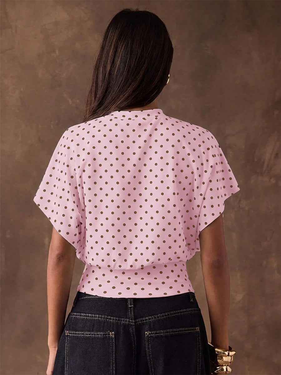Tees 3/4 Length Sleeves Pink Polka Dot Jewel Neck Tee Shirt For Women