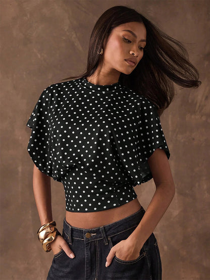 Tees 3/4 Length Sleeves Pink Polka Dot Jewel Neck Tee Shirt For Women